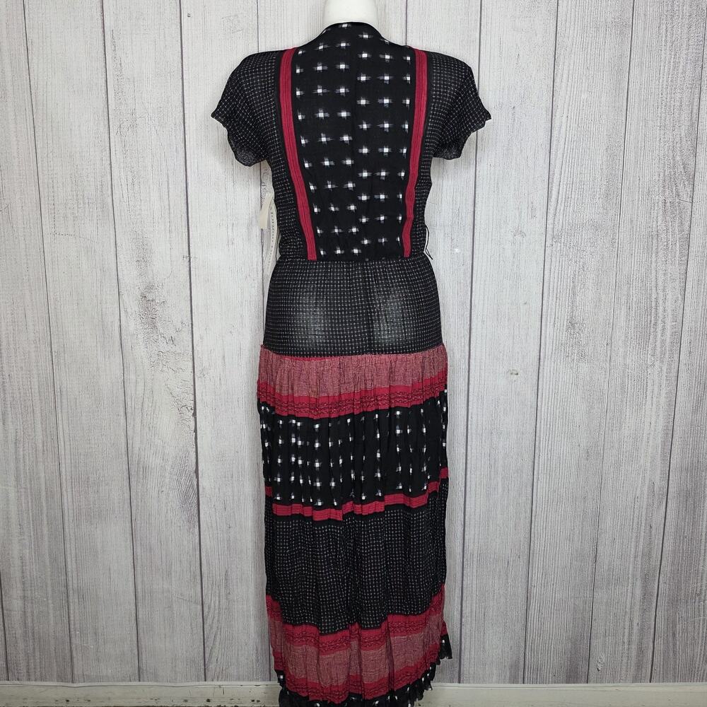 Vintage 80s Prairie Dress Black Red Rayon Tiered Midi Boho Cottagecore, sz 8 - Picture 5 of 7